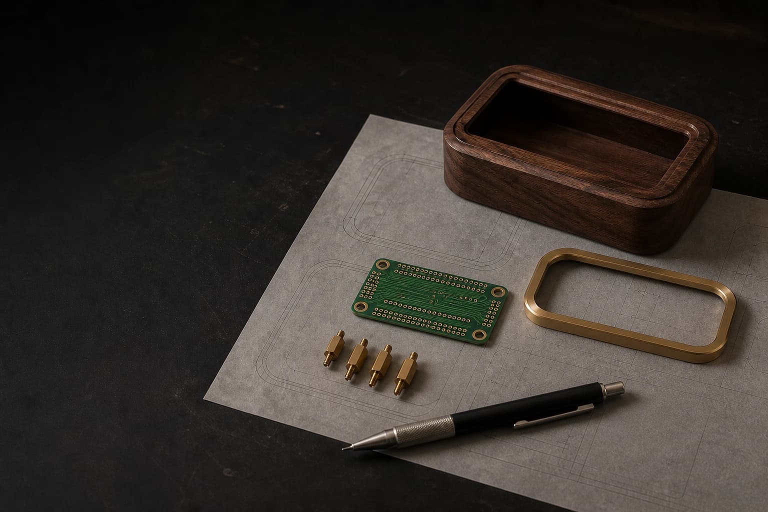 A custom walnut controller enclosure, exposed circuit board, and workshop drawing