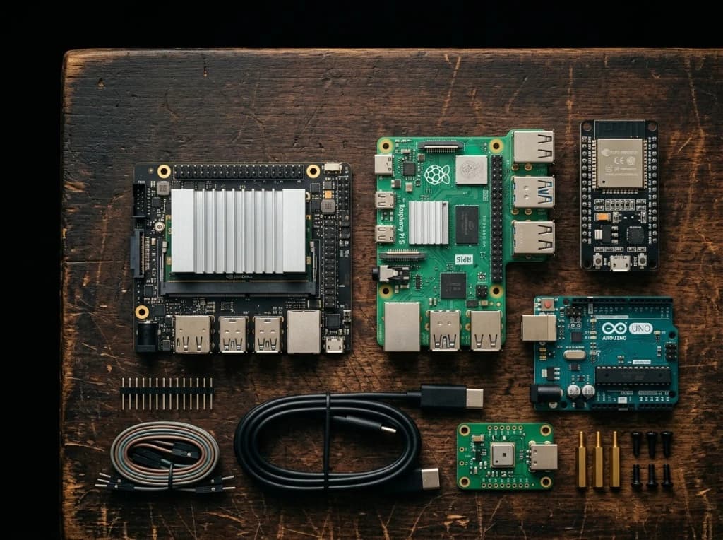 Development boards knolled on a workbench — Jetson, Raspberry Pi, ESP32, and Arduino
